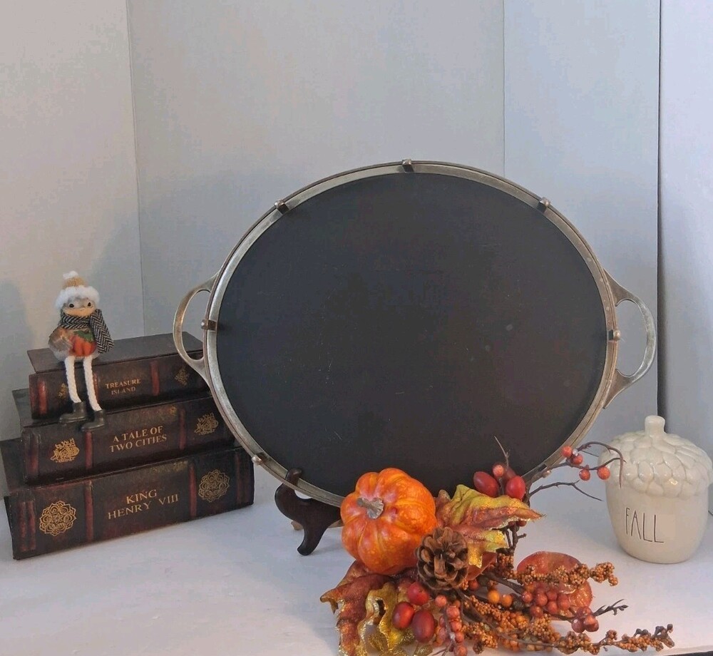 VTG!"Restoration Hardware" Metal Oval Serving Tray w/ Handles;Footed;Black Plate